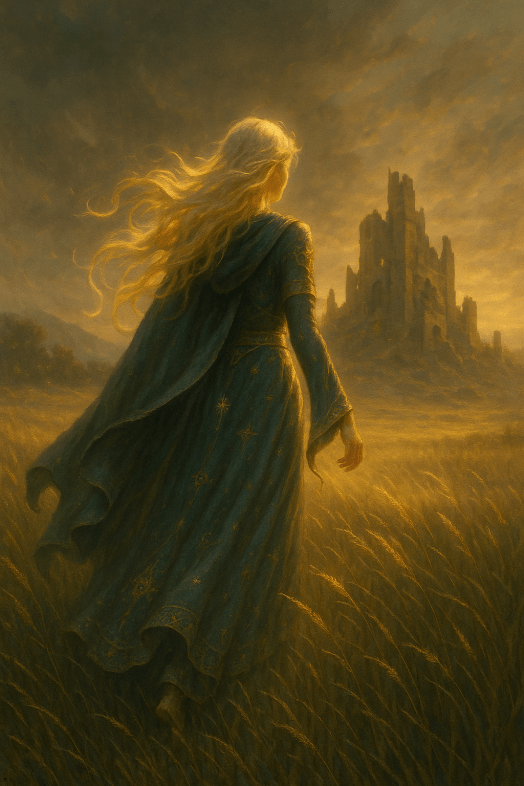 Beautiful blonde woman walks the temple fields