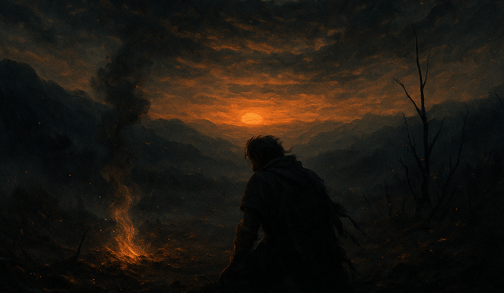 A man sits by a campfire during sunset.