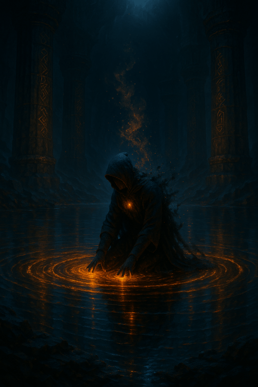 Caden kneeling before the Flamepool