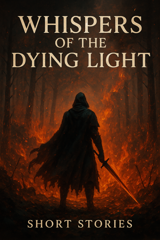Book cover for 'Whispers of the Dying Light', featuring a mysterious figure in a cloak holding a sword, standing amidst a fiery forest backdrop.