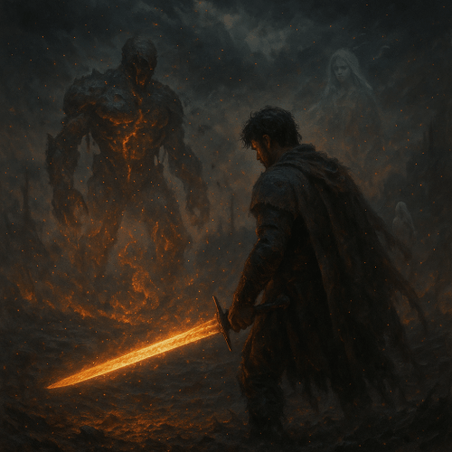 Caden stands firm, sword drawn, as the ashen warrior closes in, flame and shadow poised to collide. Image generated with ChatGPT.