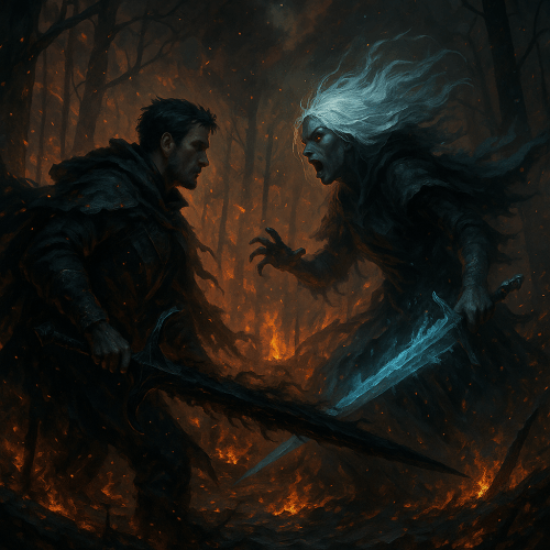 Seredain and Serenya charge at each other, swords drawn.