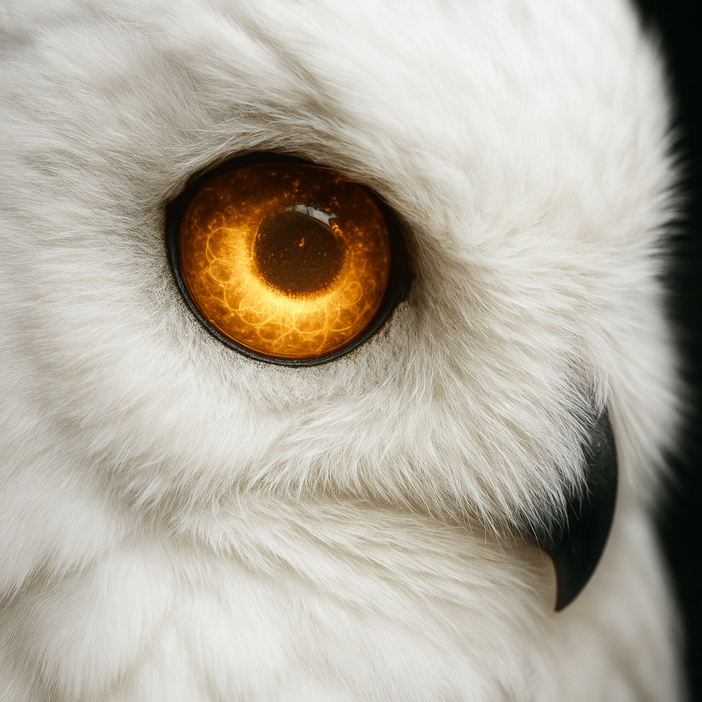 A close-up of a white owl’s eye with a bright yellow iris and a black pupil. The feathers around the eye are soft and pale, and the reflection in the eye shows a dark spiral staircase descending into shadow. The lighting is dramatic, creating a tense and mysterious atmosphere.