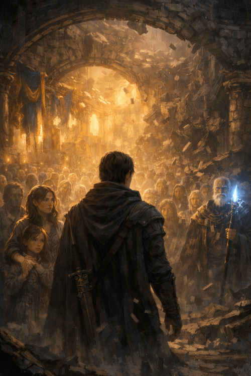 A cloaked young man stands with his back to the viewer inside a ruined underground hall, facing a gathered crowd illuminated by warm, ethereal light. An elderly figure holding a glowing staff stands to one side, while fragments of crumbling stone and ancient arches frame the scene, suggesting a moment of revelation and shared resolve.