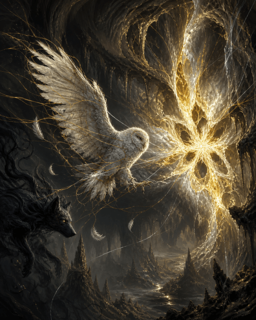 A white owl, bound by glowing golden threads, flies toward a radiant gold-and-silver fracture inside a shadowed cavern, while a dark wolf watches beside it.